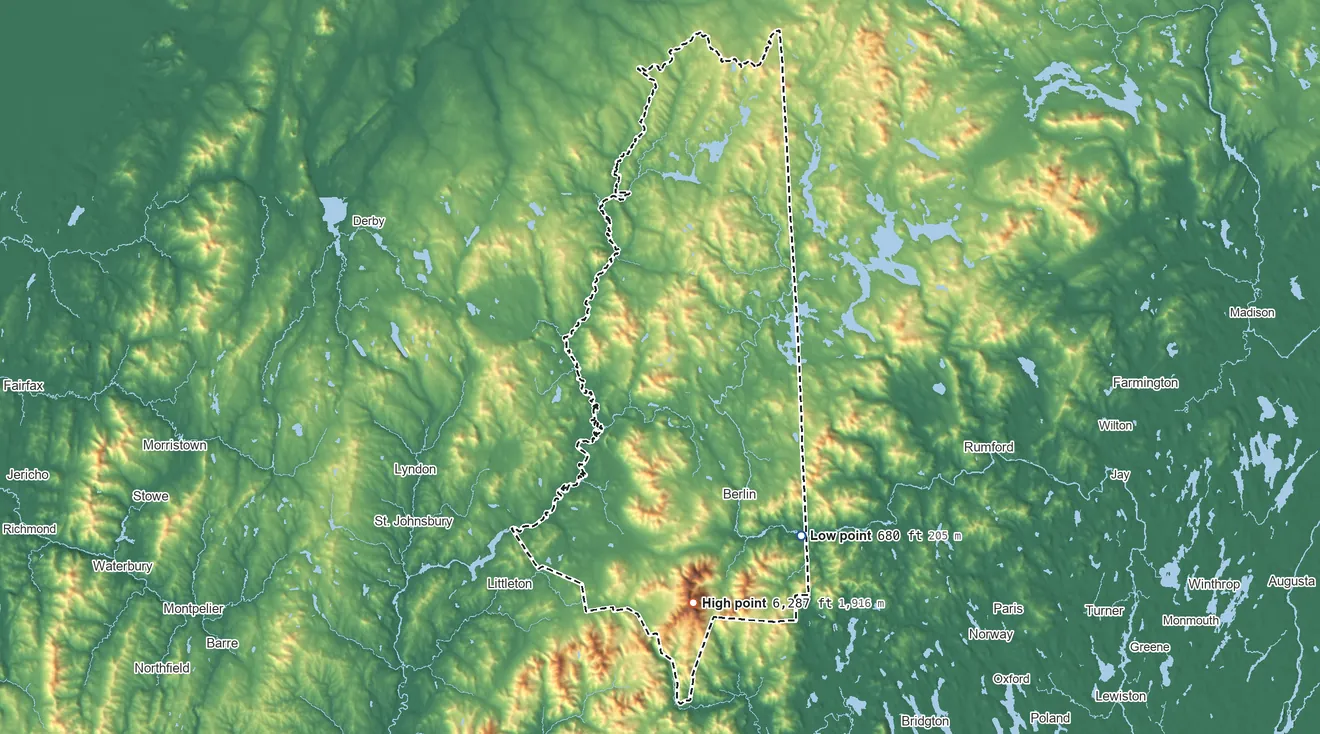 Topographic elevation map of Coos County, New Hampshire, shaded from 680 ft on the southeast side to 6,287 ft on Mount Washington