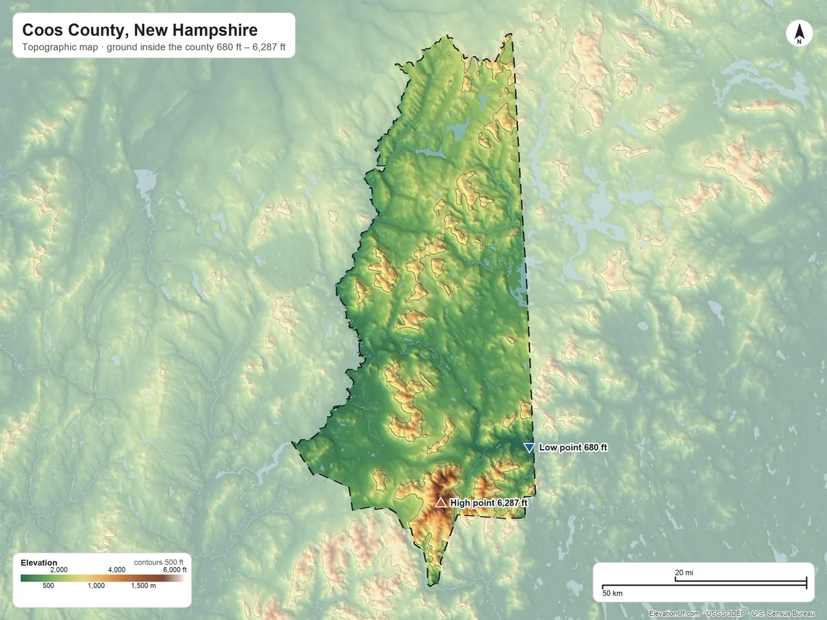 Topographic elevation map of Coos County, New Hampshire, shaded from 680 ft on the southeast side to 6,287 ft on Mount Washington
