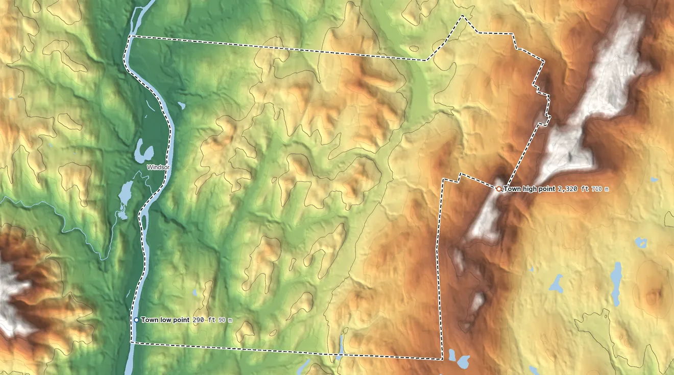 Topographic elevation map of Cornish, New Hampshire, shaded from 290 ft on the southwest side to 2,320 ft on the east edge, below higher ground just outside