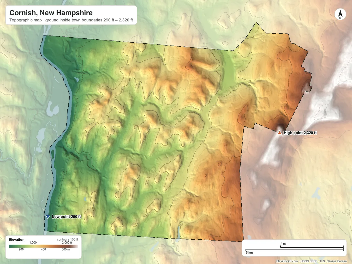 Topographic elevation map of Cornish, New Hampshire, shaded from 290 ft on the southwest side to 2,320 ft on the east edge, below higher ground just outside