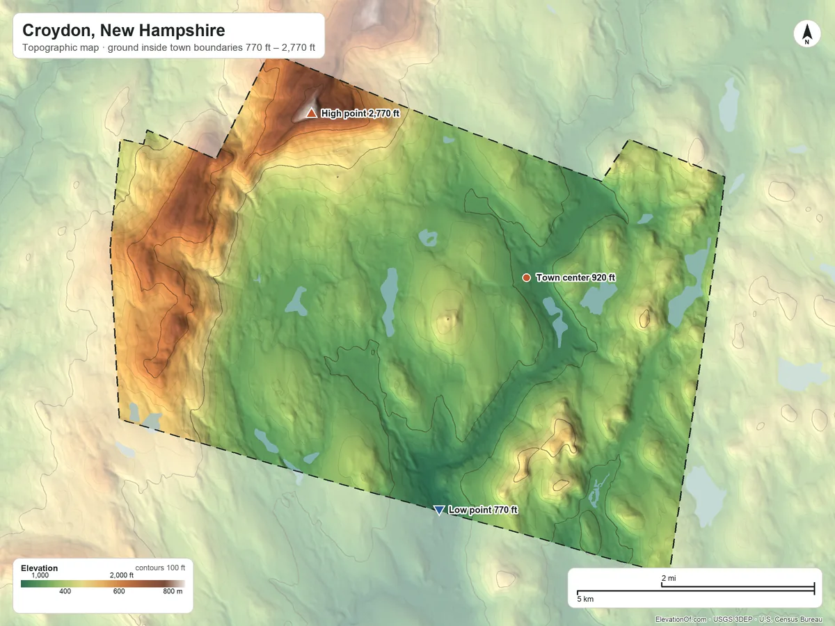 Topographic elevation map of Croydon, New Hampshire, shaded from 770 ft on the south side to 2,770 ft on Croydon Peak