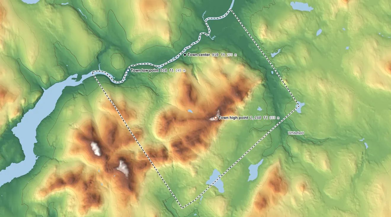 Topographic elevation map of Dalton, New Hampshire, shaded from 810 ft on the west side to 2,140 ft on Dalton Mountain