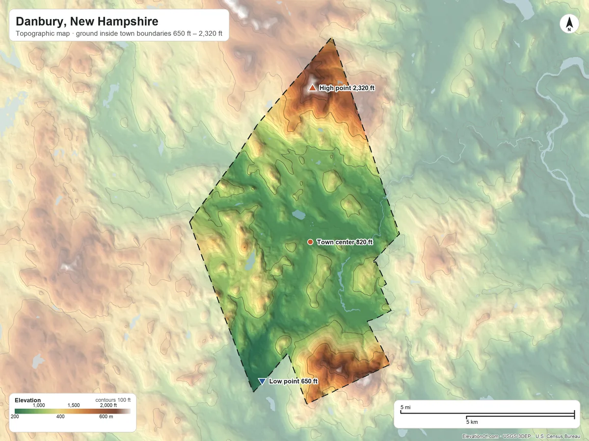 Topographic elevation map of Danbury, New Hampshire, shaded from 650 ft on the south side to 2,320 ft on Tinkham Hill