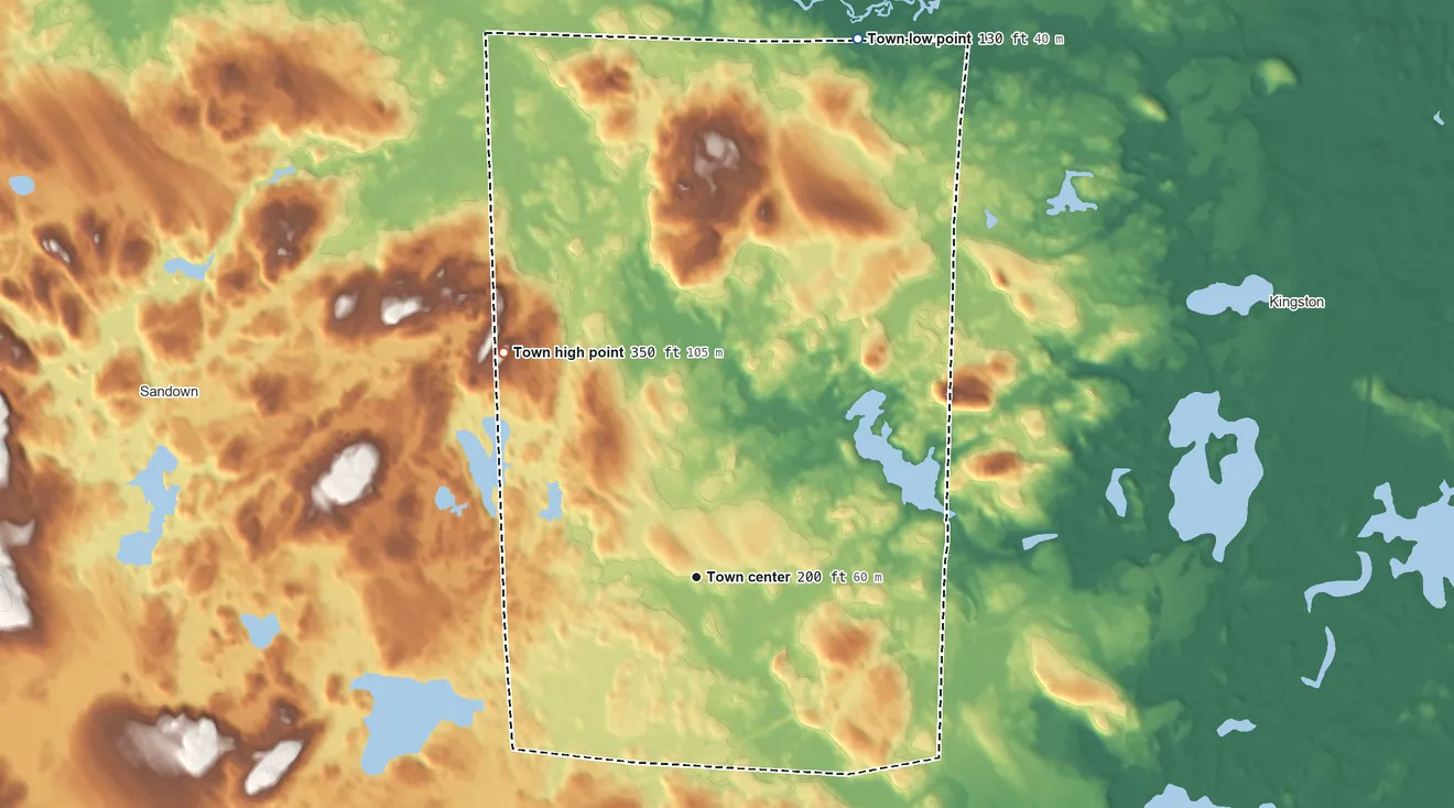 Topographic elevation map of Danville, New Hampshire, shaded from 130 ft on the north side to 350 ft on the northwest side
