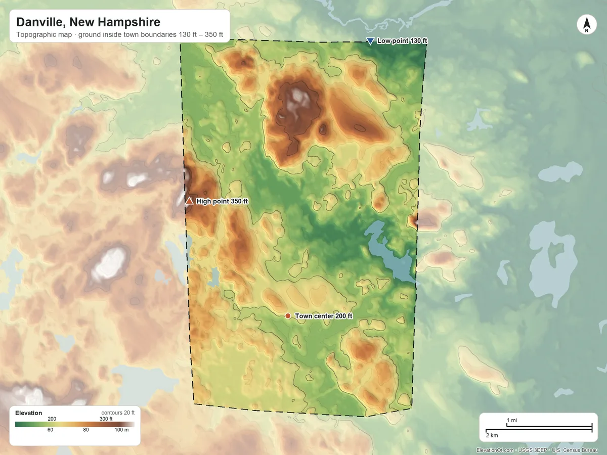 Topographic elevation map of Danville, New Hampshire, shaded from 130 ft on the north side to 350 ft on the northwest side