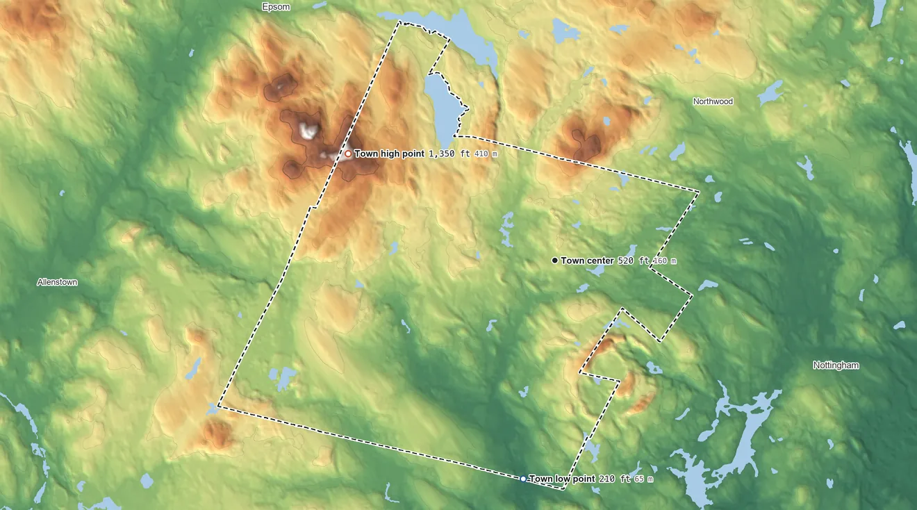 Topographic elevation map of Deerfield, New Hampshire, shaded from 210 ft on the south side to 1,350 ft on Nottingham Mountain