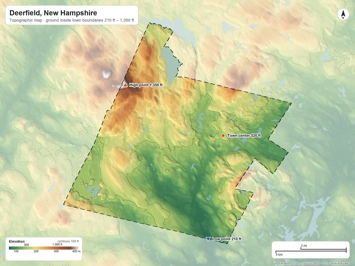 Topographic elevation map of Deerfield, New Hampshire, shaded from 210 ft on the south side to 1,350 ft on Nottingham Mountain