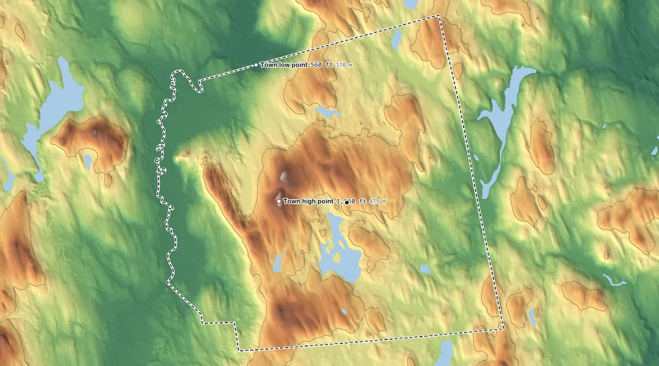 Topographic elevation map of Deering, New Hampshire, shaded from 560 ft on the northwest side to 1,560 ft on Clark Summit