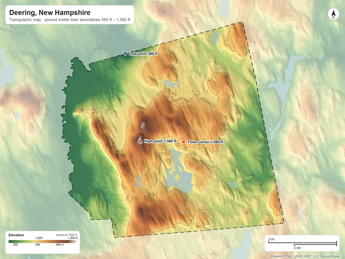 Topographic elevation map of Deering, New Hampshire, shaded from 560 ft on the northwest side to 1,560 ft on Clark Summit