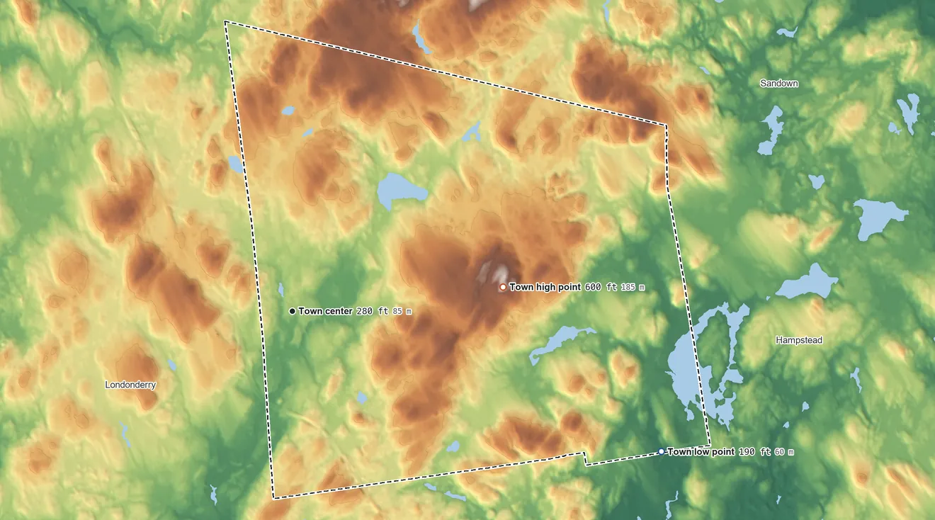 Topographic elevation map of Derry, New Hampshire, shaded from 190 ft on the east side to 600 ft on Warner Hill