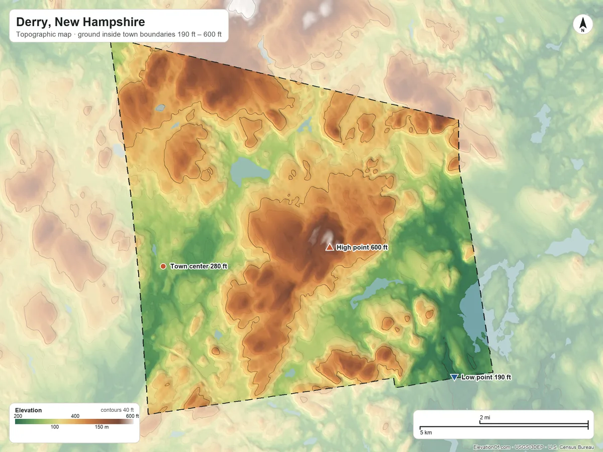 Topographic elevation map of Derry, New Hampshire, shaded from 190 ft on the east side to 600 ft on Warner Hill