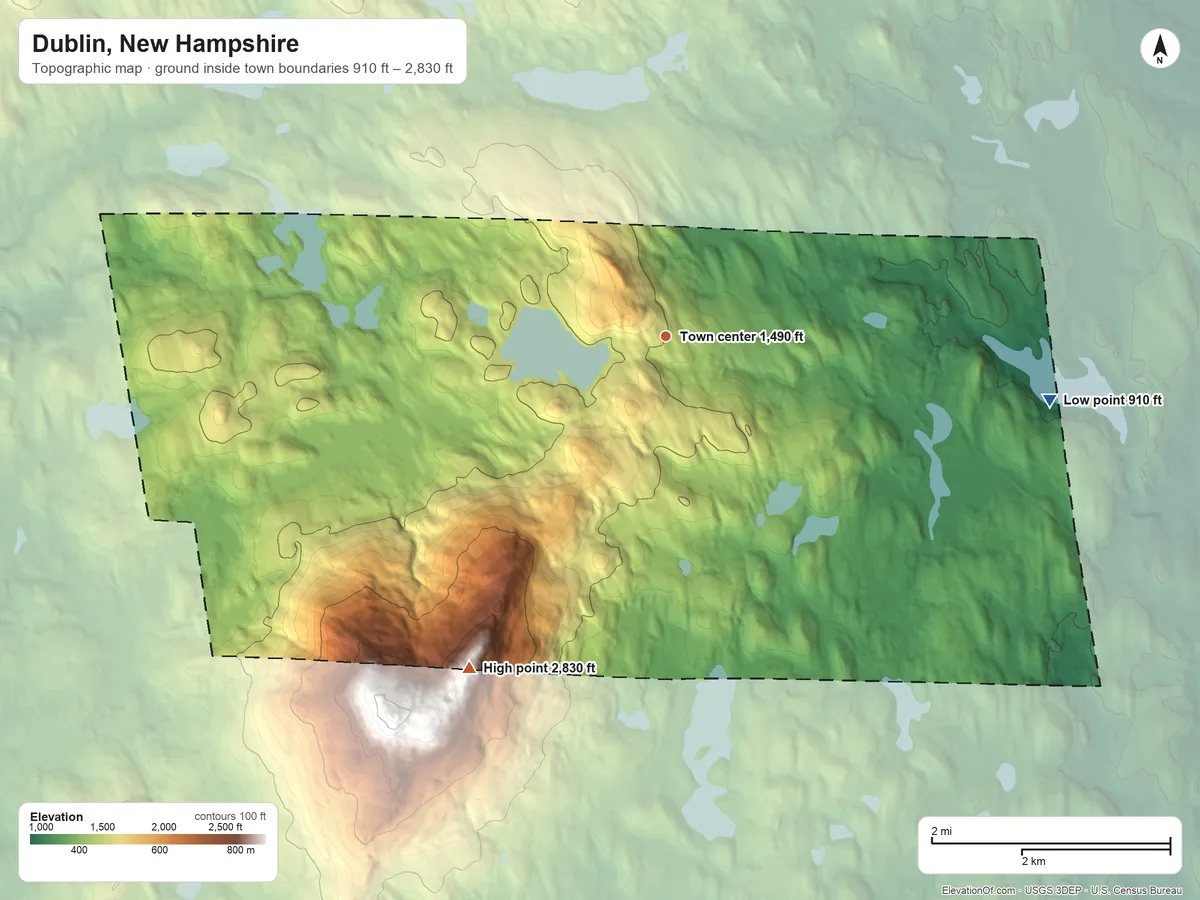 Topographic elevation map of Dublin, New Hampshire, shaded from 910 ft on the east side to 2,830 ft at the foot of the Franconia Mountain Range