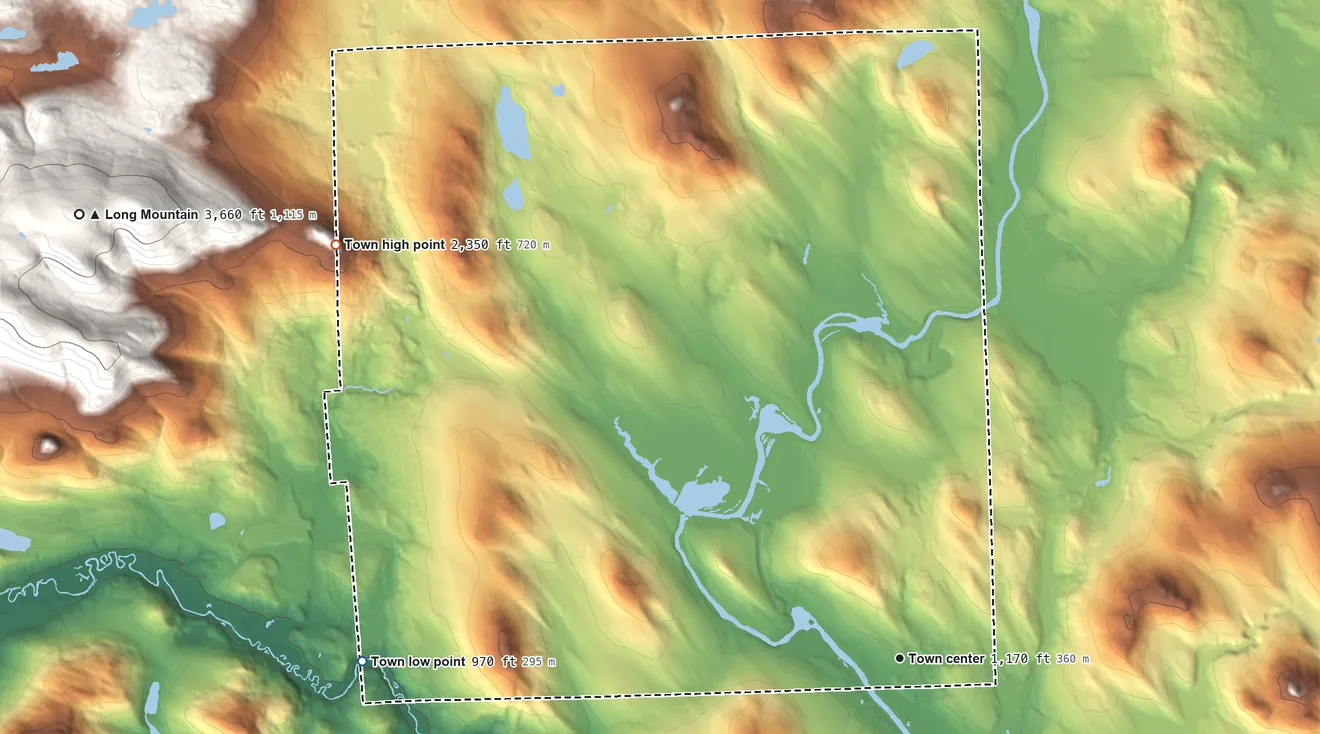 Topographic elevation map of Dummer, New Hampshire, shaded from 970 ft on the west side to 2,350 ft at the foot of the Pilot Range