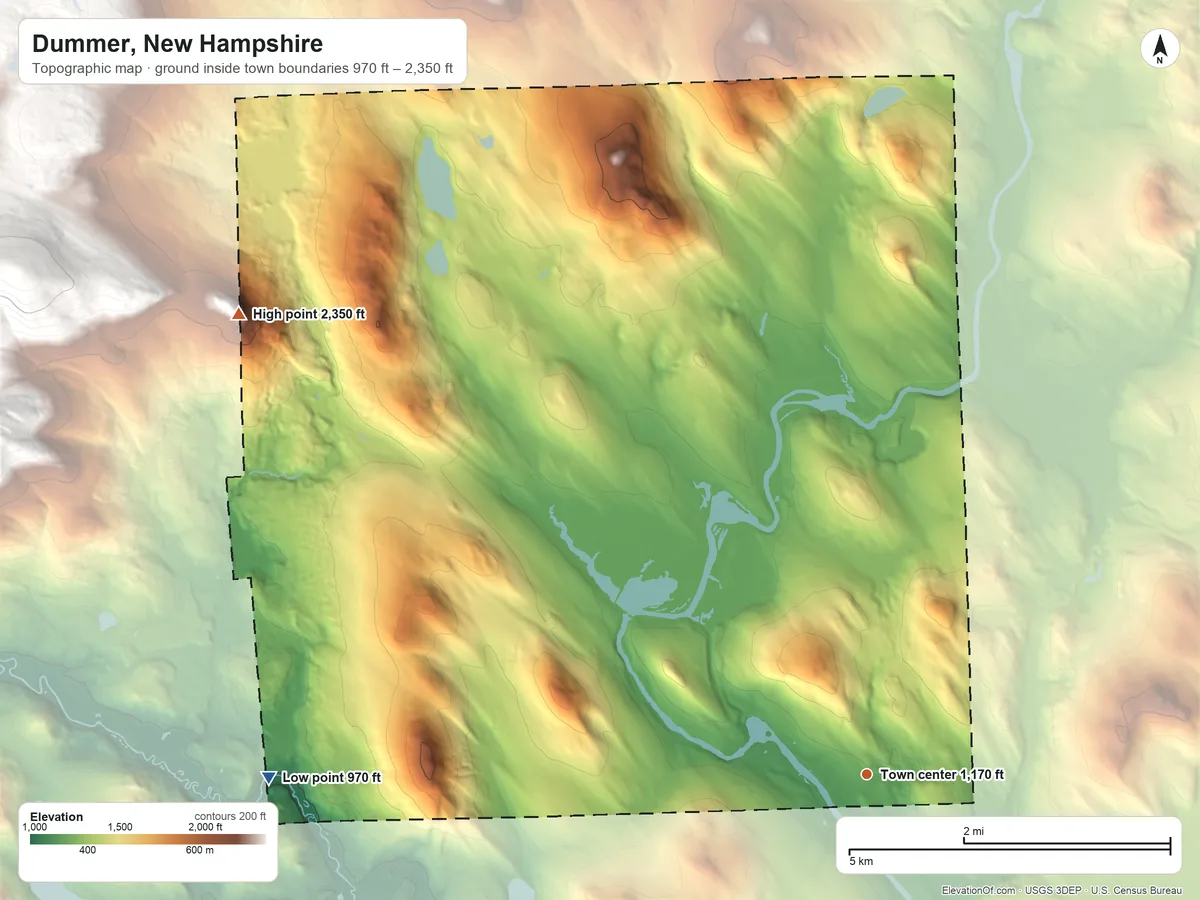 Topographic elevation map of Dummer, New Hampshire, shaded from 970 ft on the west side to 2,350 ft at the foot of the Pilot Range