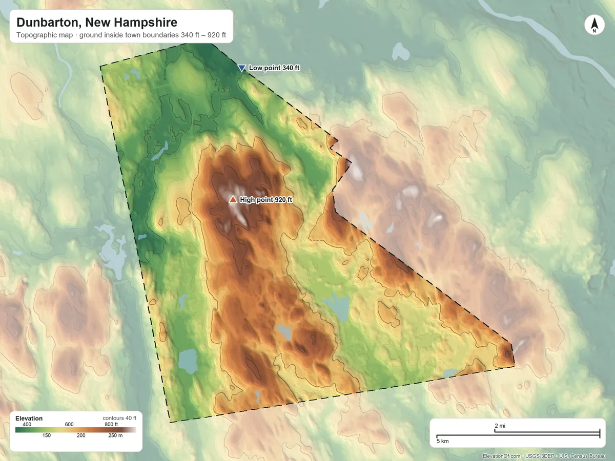 Topographic elevation map of Dunbarton, New Hampshire, shaded from 340 ft on the north side to 920 ft near the middle