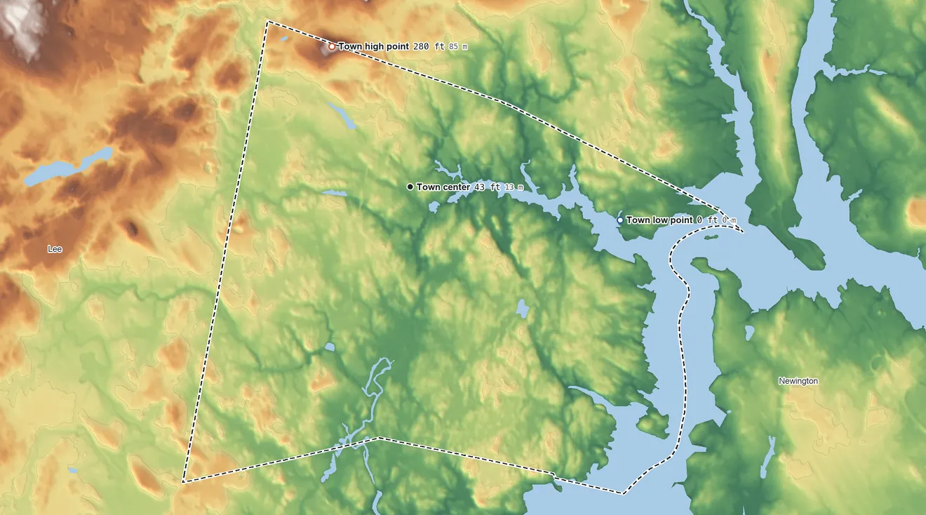 Topographic elevation map of Durham, New Hampshire, shaded from 0 ft on the east side to 280 ft on Beech Hill