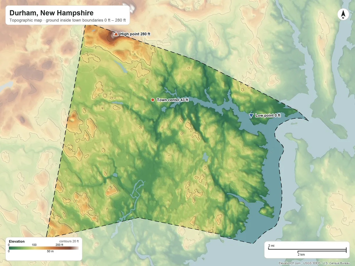 Topographic elevation map of Durham, New Hampshire, shaded from 0 ft on the east side to 280 ft on Beech Hill