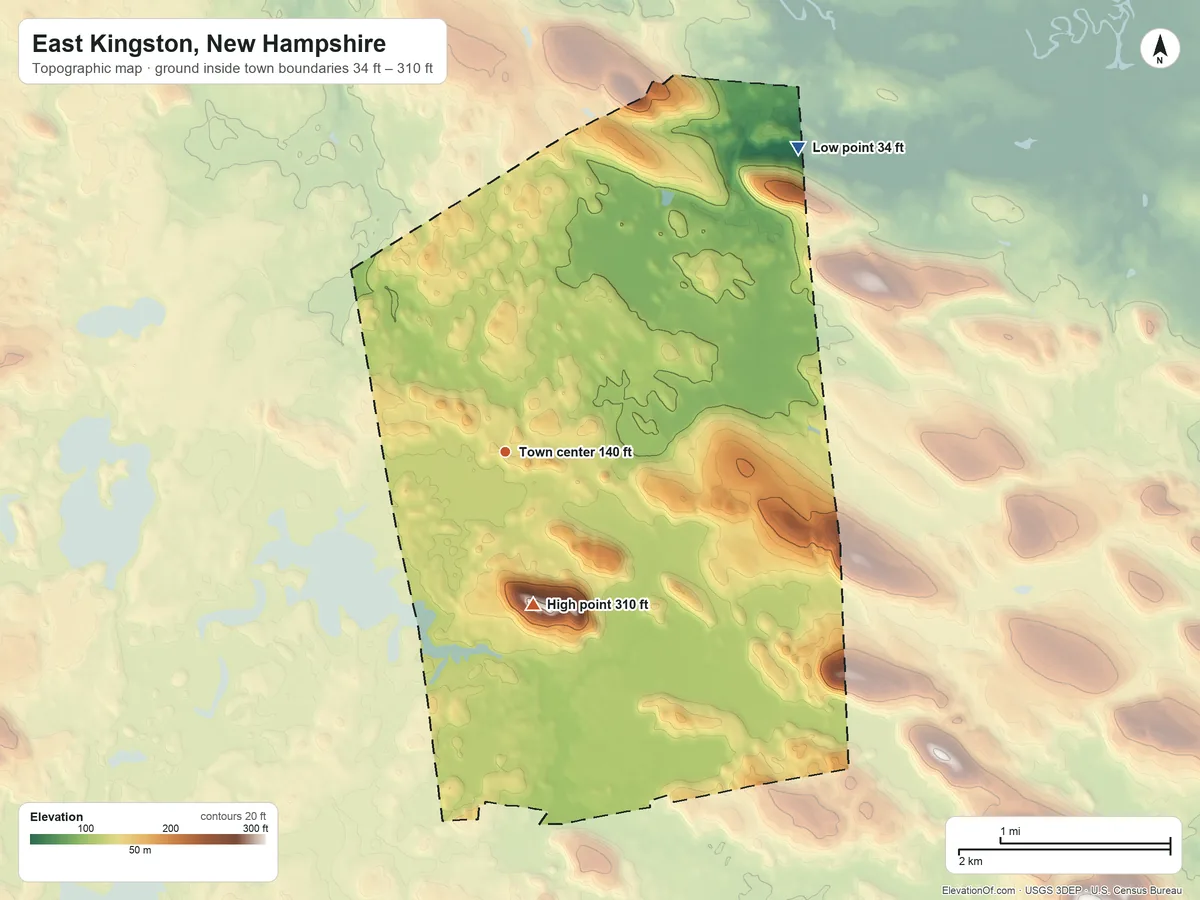 Topographic elevation map of East Kingston, New Hampshire, shaded from 34 ft on the northeast side to 310 ft on Morse Hill
