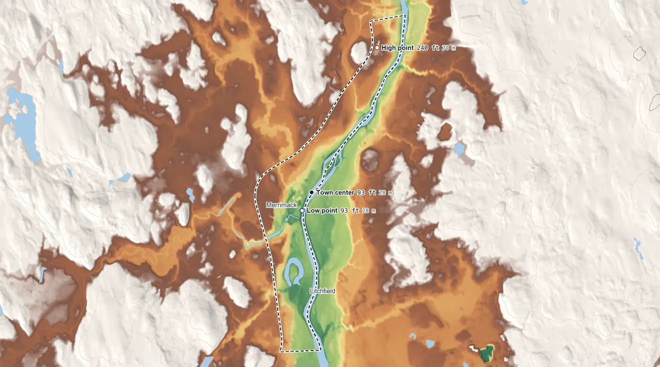 Topographic elevation map of East Merrimack, New Hampshire, shaded from 93 ft near the middle to 240 ft on the northeast side