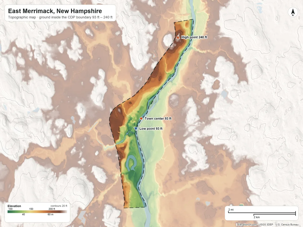 Topographic elevation map of East Merrimack, New Hampshire, shaded from 93 ft near the middle to 240 ft on the northeast side