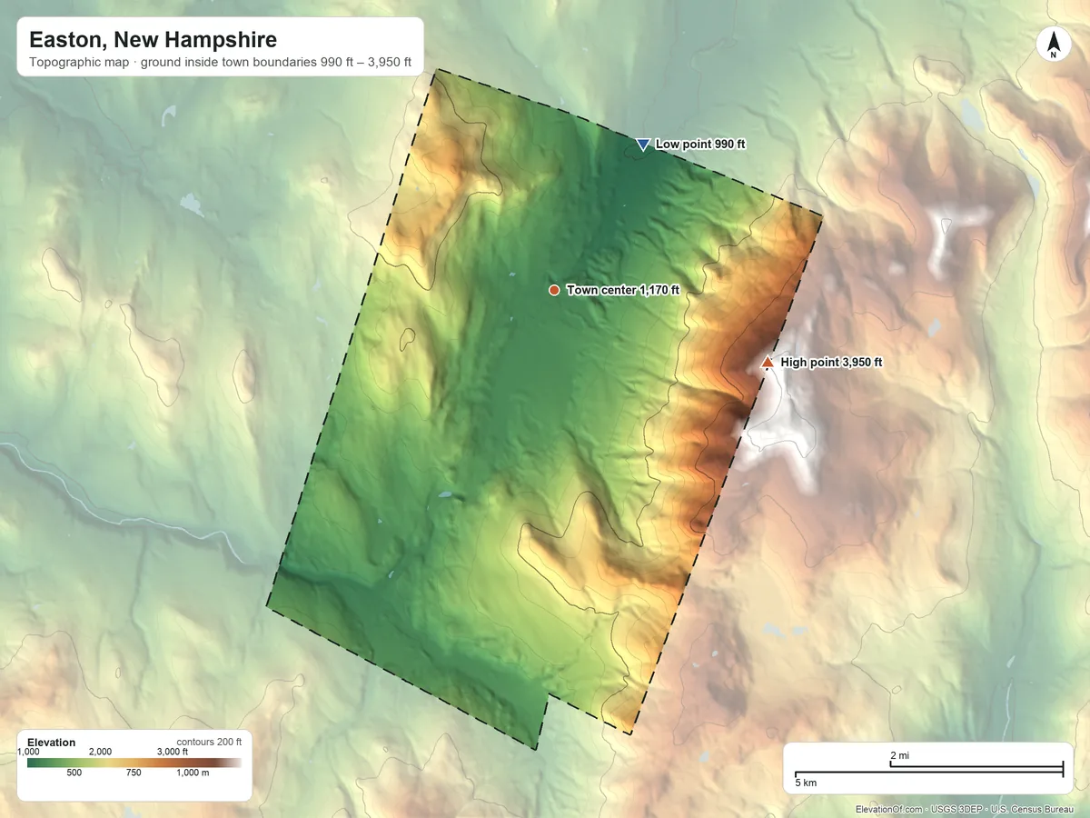 Topographic elevation map of Easton, New Hampshire, shaded from 990 ft on the northeast side to 3,950 ft on the east edge, below higher ground just outside