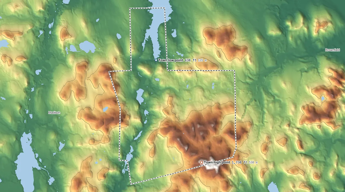 Topographic elevation map of Eaton, New Hampshire, shaded from 430 ft on the north side to 1,730 ft on the southeast side