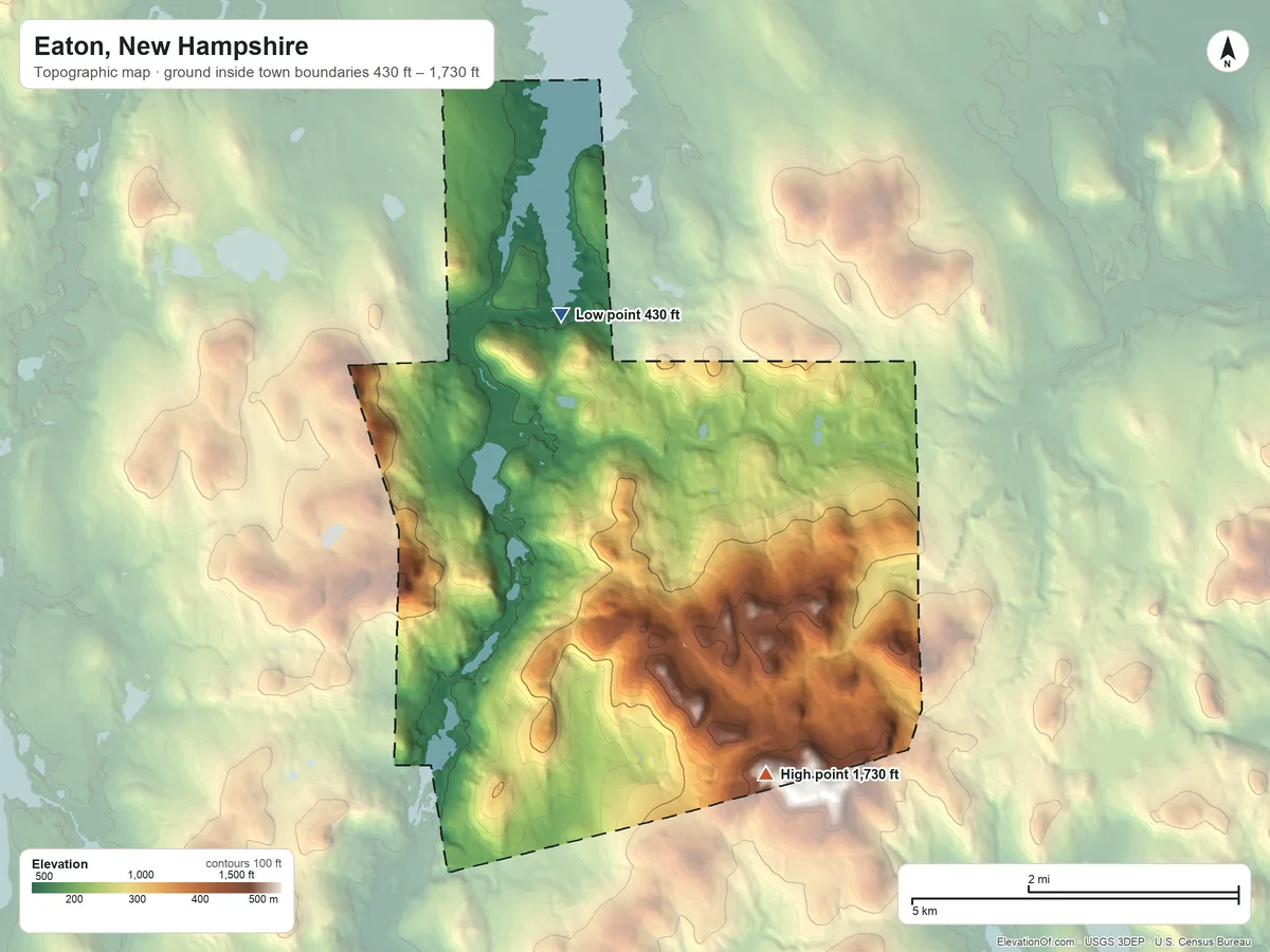 Topographic elevation map of Eaton, New Hampshire, shaded from 430 ft on the north side to 1,730 ft on the southeast side