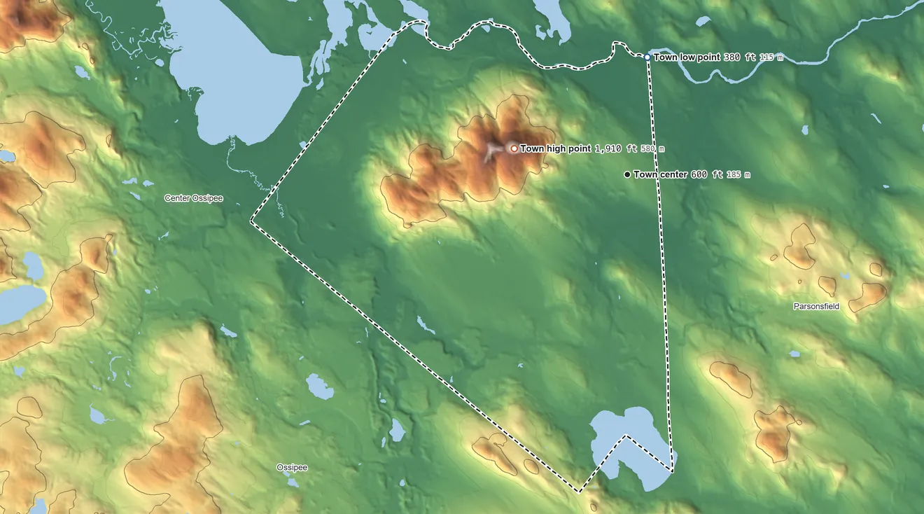 Topographic elevation map of Effingham, New Hampshire, shaded from 380 ft on the north side to 1,910 ft on Green Mountain