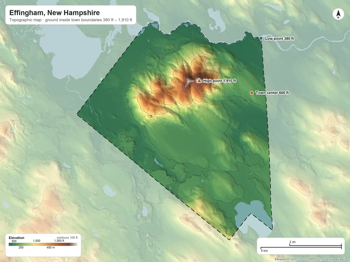 Topographic elevation map of Effingham, New Hampshire, shaded from 380 ft on the north side to 1,910 ft on Green Mountain