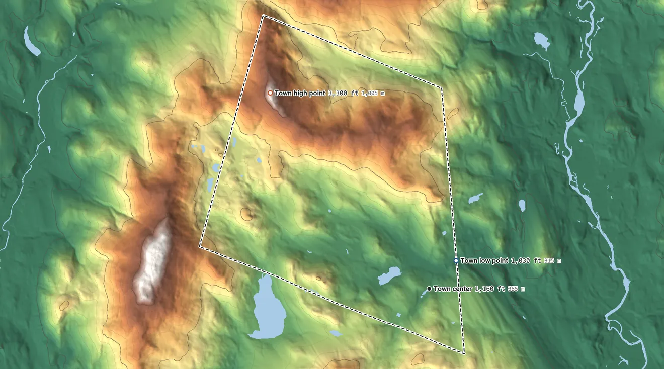 Topographic elevation map of Ellsworth, New Hampshire, shaded from 1,030 ft near the middle to 3,300 ft on Mount Kineo