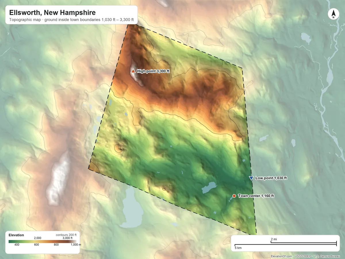 Topographic elevation map of Ellsworth, New Hampshire, shaded from 1,030 ft near the middle to 3,300 ft on Mount Kineo