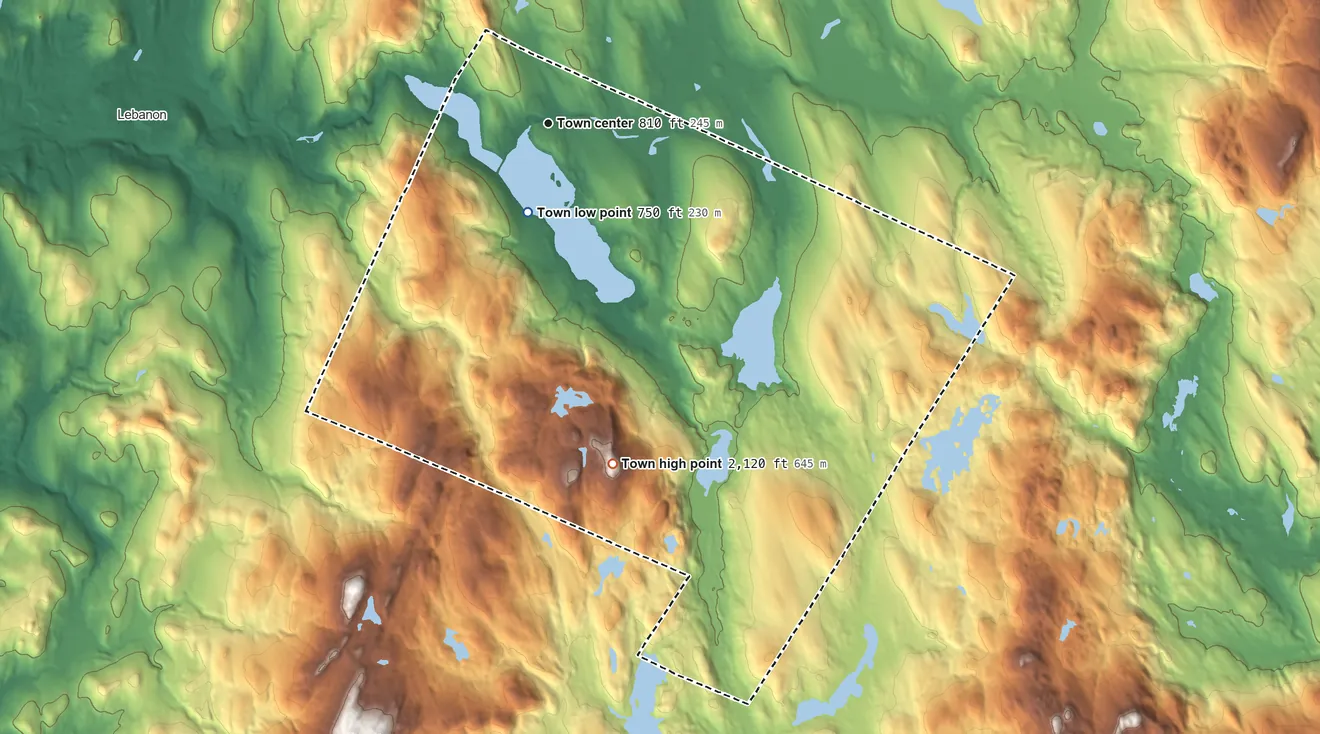 Topographic elevation map of Enfield, New Hampshire, shaded from 750 ft near the middle to 2,120 ft on Prospect Hill