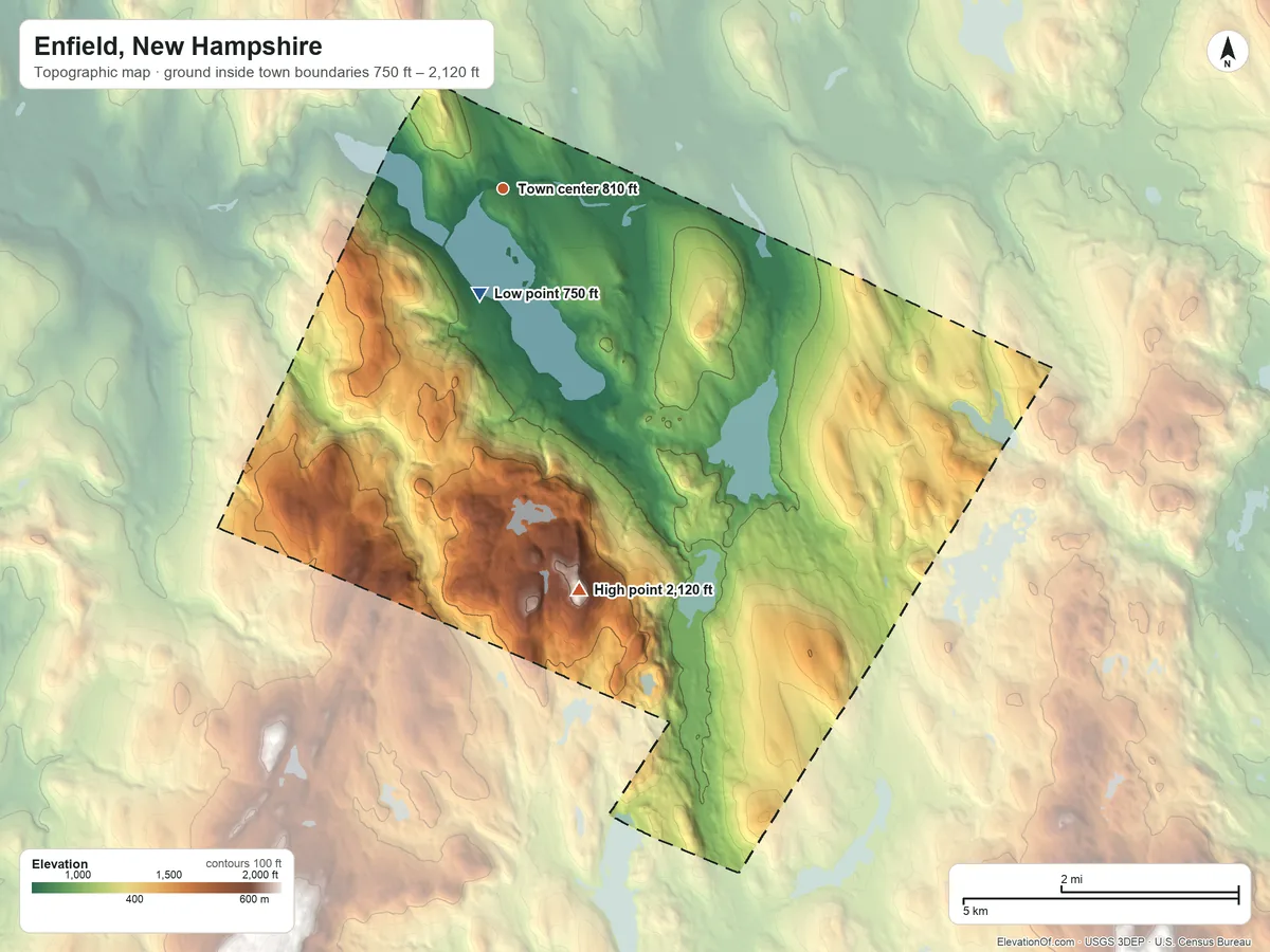 Topographic elevation map of Enfield, New Hampshire, shaded from 750 ft near the middle to 2,120 ft on Prospect Hill