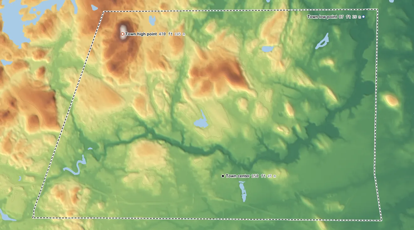 Topographic elevation map of Epping, New Hampshire, shaded from 87 ft on the northeast side to 470 ft on Kennard Hill