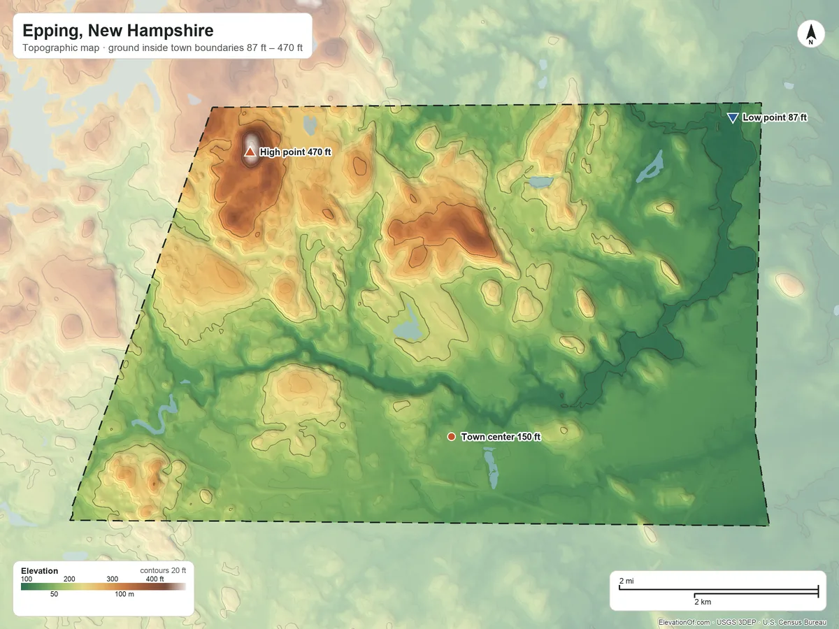 Topographic elevation map of Epping, New Hampshire, shaded from 87 ft on the northeast side to 470 ft on Kennard Hill