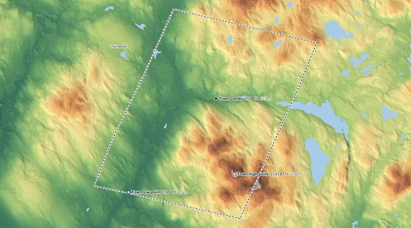 Topographic elevation map of Epsom, New Hampshire, shaded from 290 ft on the southwest side to 1,410 ft on Fort Mountain