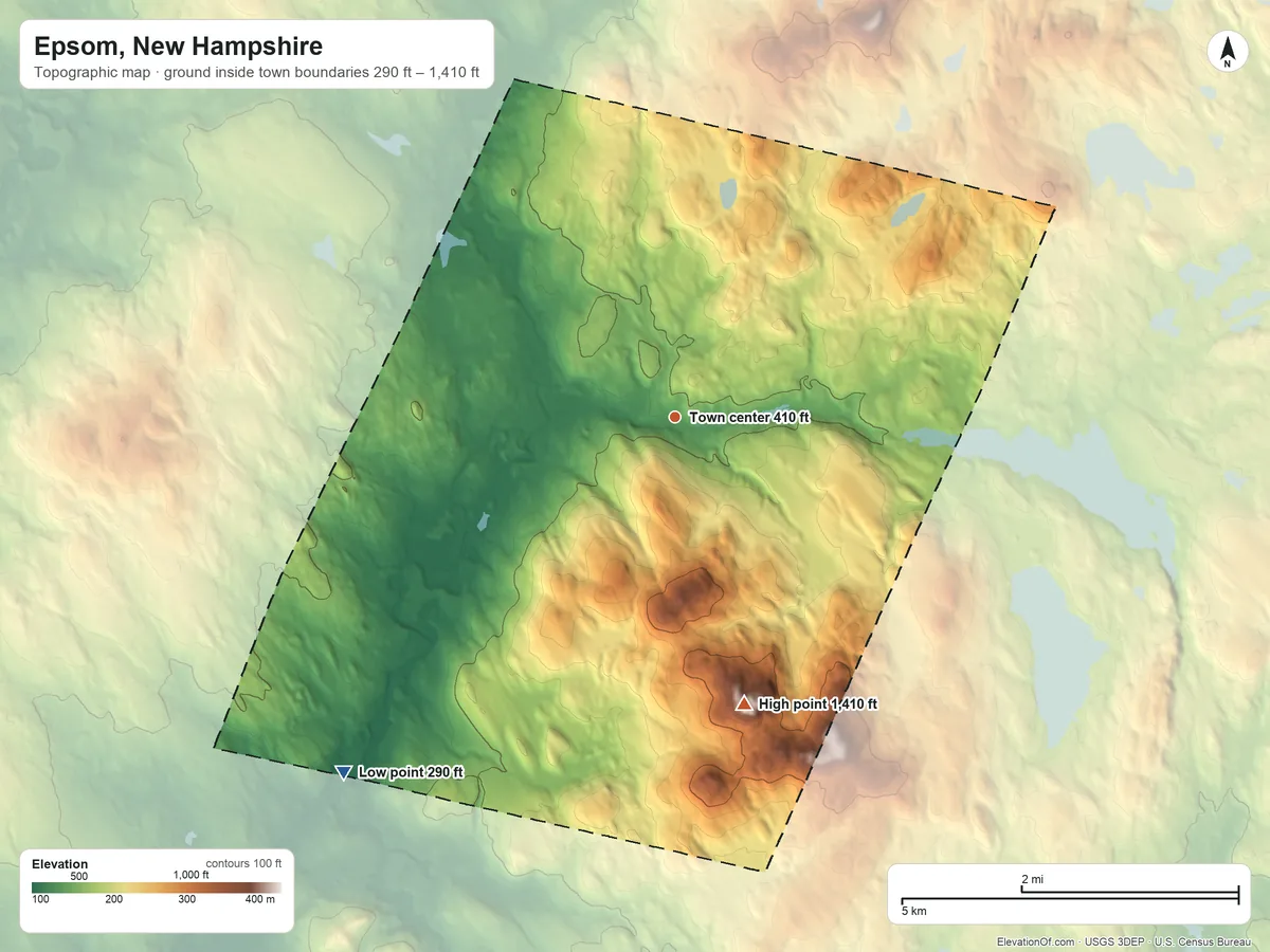Topographic elevation map of Epsom, New Hampshire, shaded from 290 ft on the southwest side to 1,410 ft on Fort Mountain