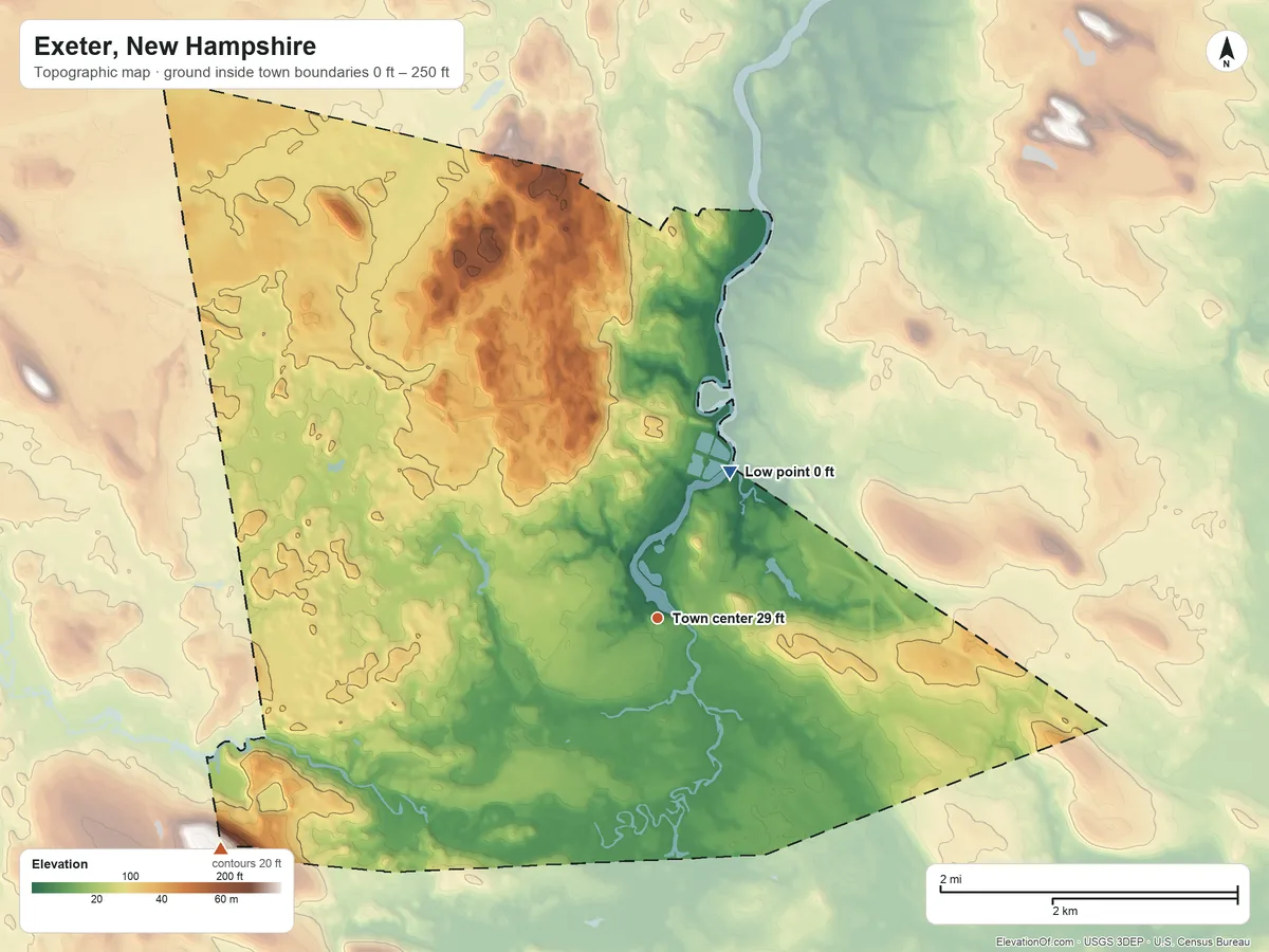 Topographic elevation map of Exeter, New Hampshire, shaded from 0 ft on the northeast side to 250 ft on the southwest edge, below higher ground just outside