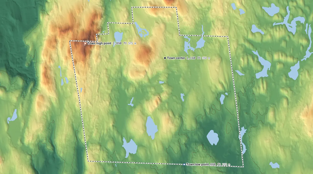 Topographic elevation map of Fitzwilliam, New Hampshire, shaded from 880 ft on the south side to 1,890 ft on Little Monadnock Mountain