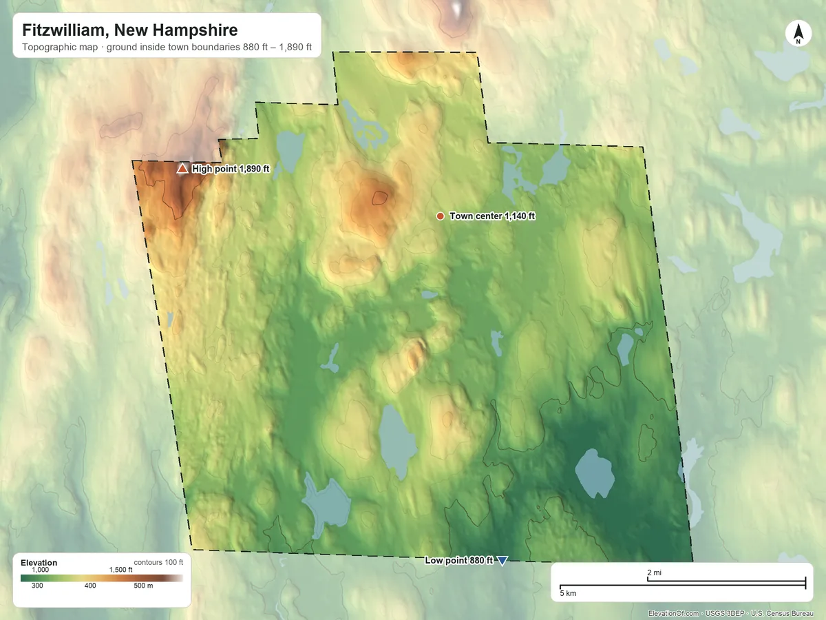 Topographic elevation map of Fitzwilliam, New Hampshire, shaded from 880 ft on the south side to 1,890 ft on Little Monadnock Mountain
