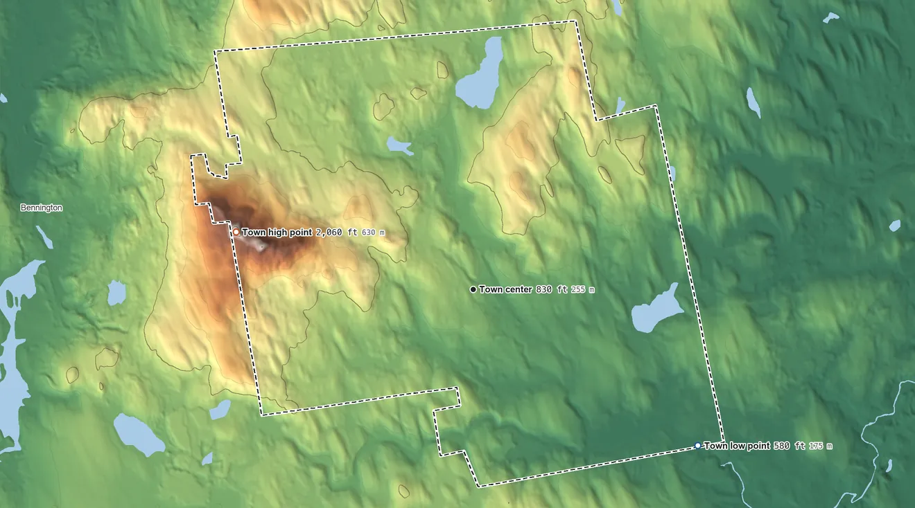 Topographic elevation map of Francestown, New Hampshire, shaded from 580 ft on the southeast side to 2,063 ft on Crotched Mountain
