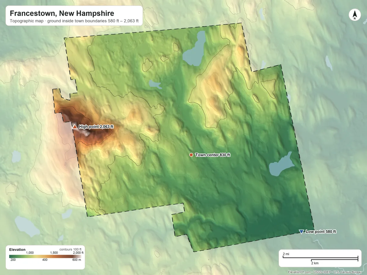 Topographic elevation map of Francestown, New Hampshire, shaded from 580 ft on the southeast side to 2,063 ft on Crotched Mountain