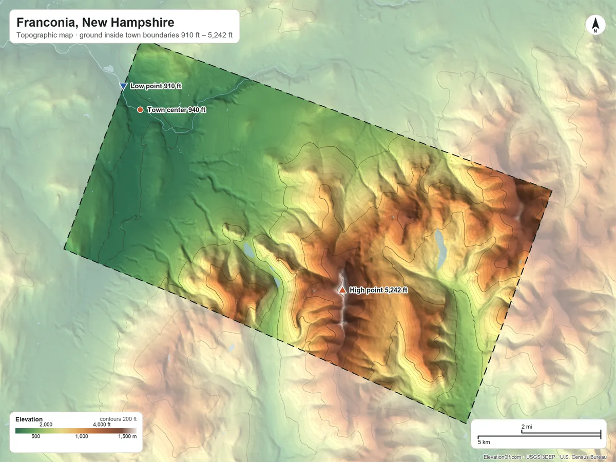 Topographic elevation map of Franconia, New Hampshire, shaded from 910 ft near the middle to 5,242 ft on Mount Lafayette