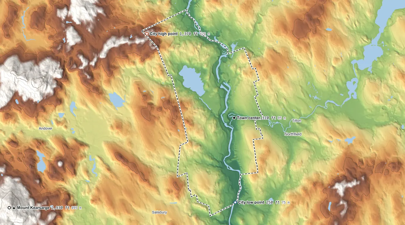Topographic elevation map of Franklin, New Hampshire, shaded from 250 ft on the south side to 1,370 ft on the northwest side
