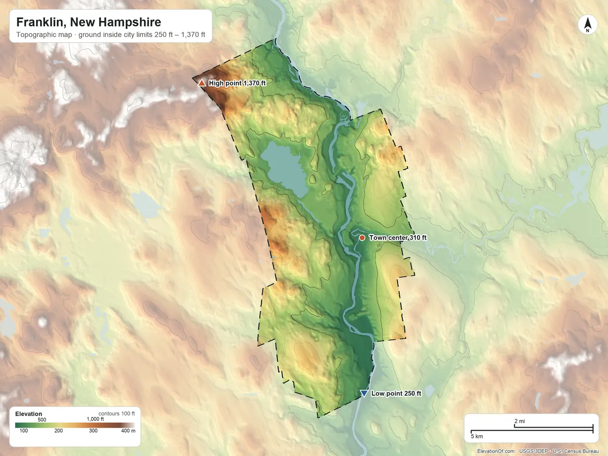 Topographic elevation map of Franklin, New Hampshire, shaded from 250 ft on the south side to 1,370 ft on the northwest side
