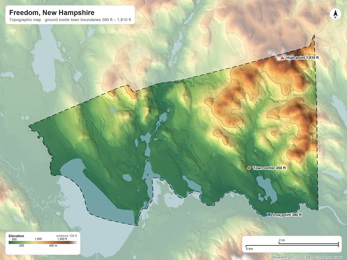 Topographic elevation map of Freedom, New Hampshire, shaded from 380 ft on the southeast side to 1,810 ft on Cragged Mountain