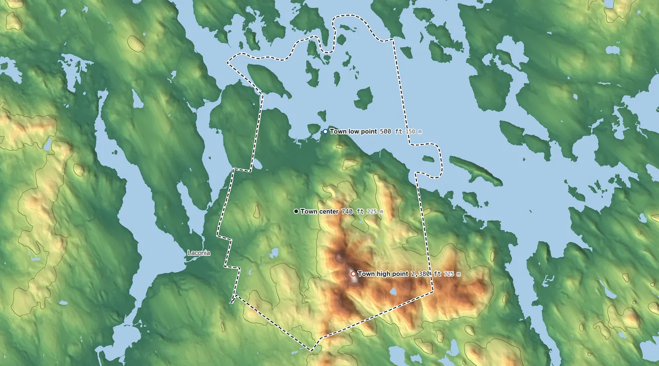 Topographic elevation map of Gilford, New Hampshire, shaded from 500 ft on the north side to 2,382 ft on Belknap Mountain