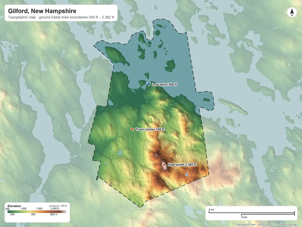 Topographic elevation map of Gilford, New Hampshire, shaded from 500 ft on the north side to 2,382 ft on Belknap Mountain