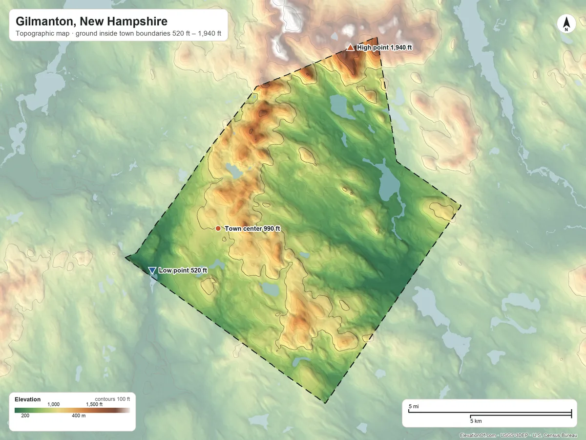 Topographic elevation map of Gilmanton, New Hampshire, shaded from 520 ft on the southwest side to 1,940 ft at the foot of the Belknap Mountains