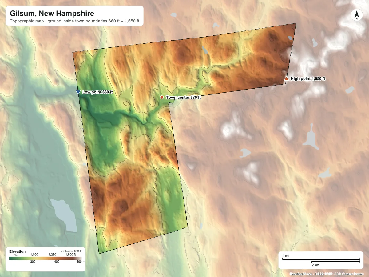 Topographic elevation map of Gilsum, New Hampshire, shaded from 660 ft on the west side to 1,650 ft on the east side